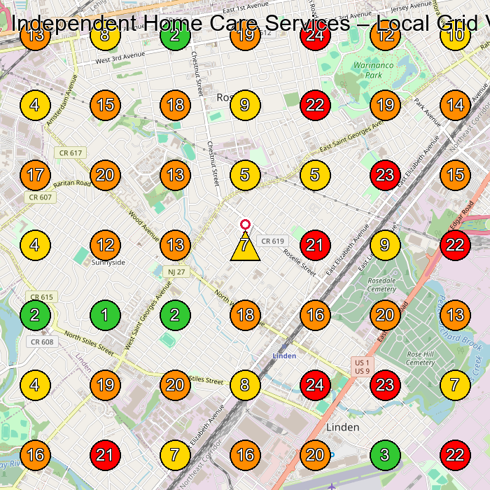 Independent Home Care Services Home Health Care Service GeoGrid ranking map for Roselle NJ